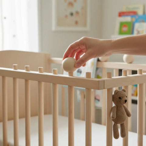 Kapturki na kołki z drewna brzozowego jako ozdobne zakończenia słupków łóżeczka