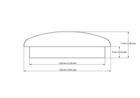 technical drawing of 20 mm mushroom button plug with dimensions