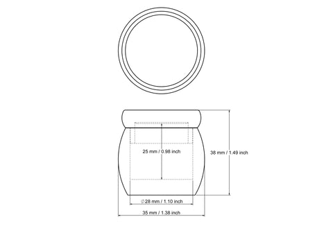 techninis 35 x 38 mm apvalios medinės tablečių dėžutės brėžinys