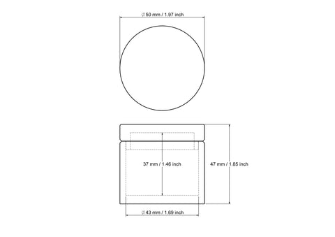 50 x 47 mm apvalios tekintos medinės dėžutės smulkmenoms su dangteliu techninis brėžinys