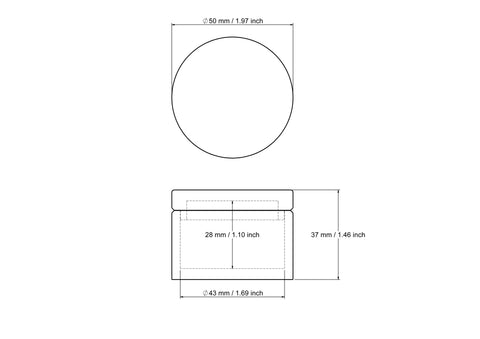 50 x 37 mm medinės apvalios tablečių dėžutės techninis brėžinys