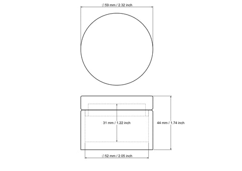tehniskais rasējums: 59 x 44 mm koka apaļš mazo lietu kastīte