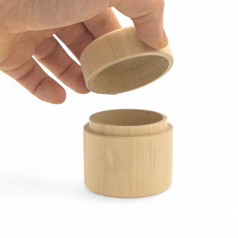 opened 60 x 60 mm round wooden trinket box with cover
