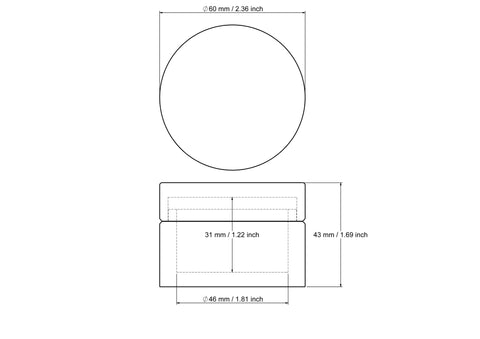 tehniline joonis: 60 x 43 mm puidust ümar rohukarp