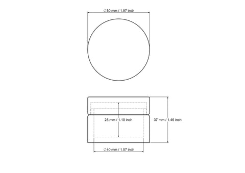 tehniline joonis: 50 x 37 mm puidust ümar rohukarp