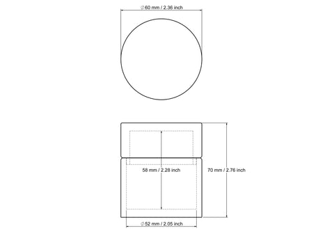 60 x 70 mm medinės apvalios tablečių dėžutės techninis brėžinys
