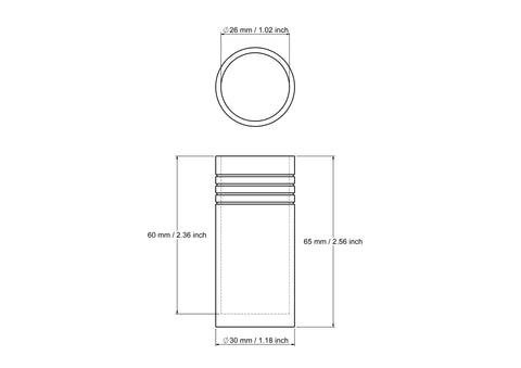 tehniskais rasējums: 30 x 65 mm virpota koka cilindrisks trauks