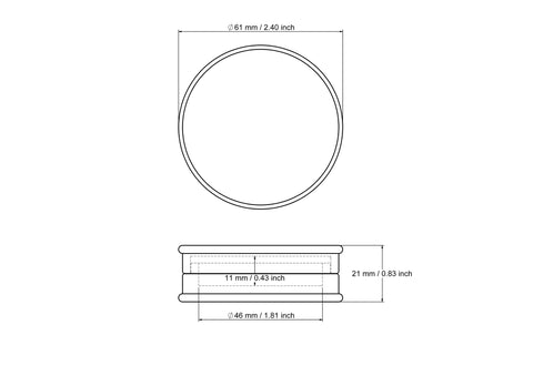 61 x 21 mm medinės apvalios dėžutės smulkmenoms techninis brėžinys