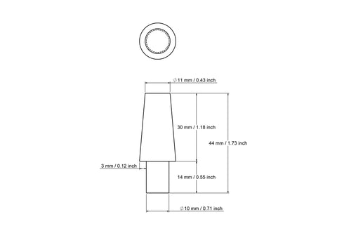 techninis 44 mm kūginės tekintos medinės baldų rankenėlės brėžinys