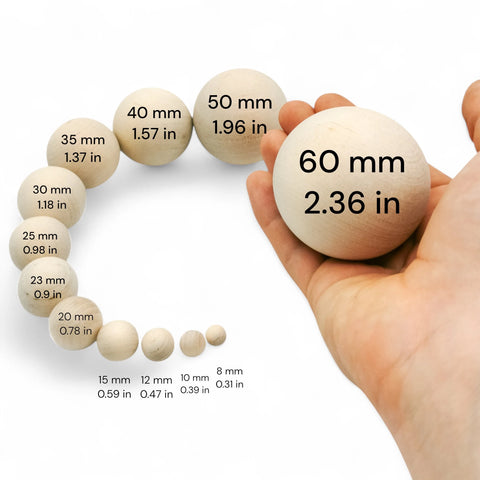 sizes of sanded birch wood balls