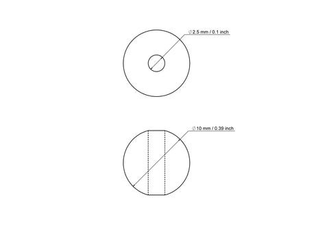 Tehniskais rasējums: 10 mm bērza koka krelle ar 2.5 mm caurumu