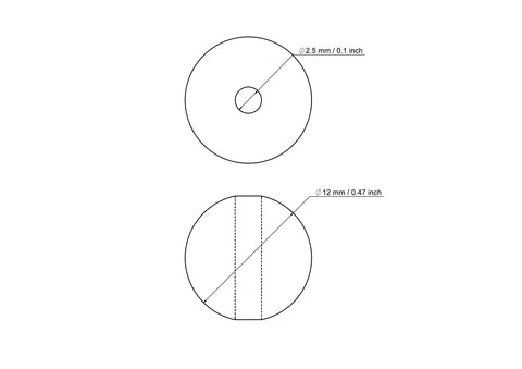 Technische Zeichnung einer 12 mm Perle aus Birkenholz mit 2.5 mm Bohrung