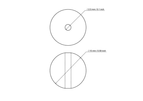 Technische Zeichnung einer 15 mm Perle aus Birkenholz mit 2.5 mm Bohrung