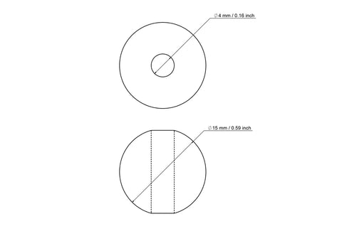 Technische Zeichnung einer 15 mm Perle aus Birkenholz mit 4 mm Bohrung