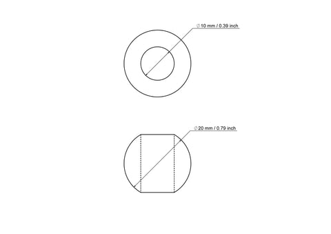 Tehniskais rasējums: 20 mm bērza koka krelle ar 10 mm caurumu