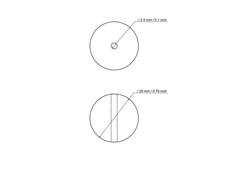 Tehniskais rasējums: 20 mm bērza koka krelle ar 2.5 mm caurumu