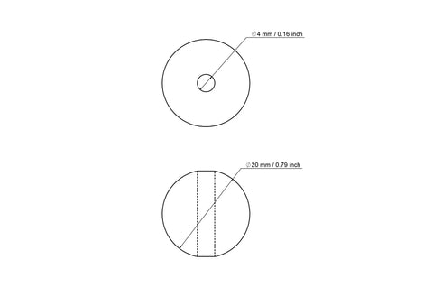 Tehniskais rasējums: 20 mm bērza koka krelle ar 4 mm caurumu