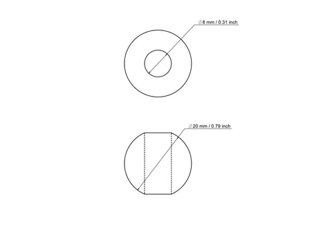 Tehniskais rasējums: 20 mm bērza koka krelle ar 8 mm caurumu