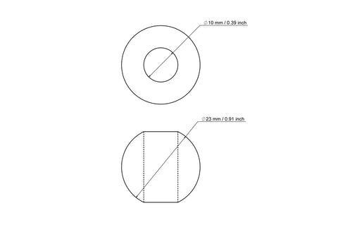 Tehniskais rasējums: 23 mm bērza koka krelle ar 10 mm caurumu