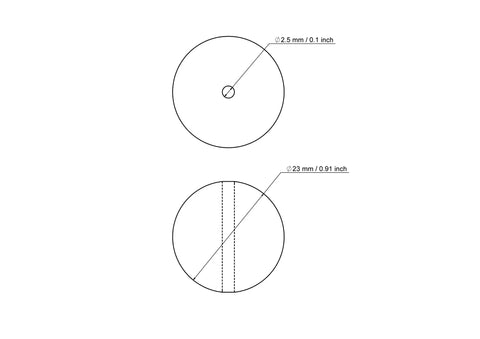 Tehniskais rasējums: 23 mm bērza koka krelle ar 2.5 mm caurumu