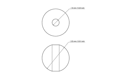 Tehniskais rasējums: 23 mm bērza koka krelle ar 6 mm caurumu