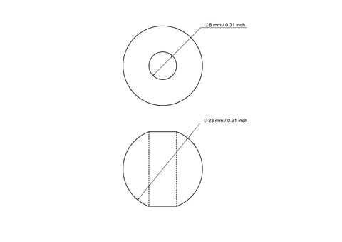 Tehniskais rasējums: 23 mm bērza koka krelle ar 8 mm caurumu