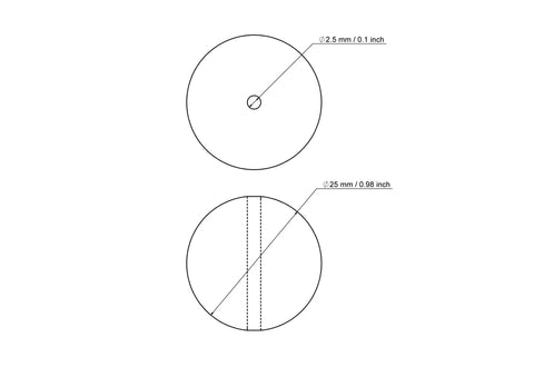 Techninis 25 mm beržinio medinio karoliuko su 2,5 mm skylute brėžinys
