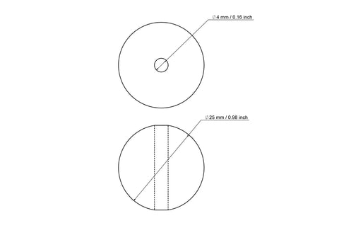 Techninis 25 mm beržinio medinio karoliuko su 4 mm skylute brėžinys