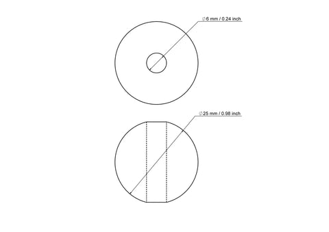 Techninis 25 mm beržinio medinio karoliuko su 6 mm skylute brėžinys