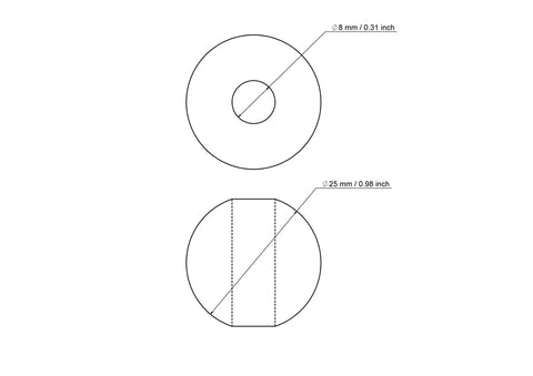 Techninis 25 mm beržinio medinio karoliuko su 8 mm skylute brėžinys