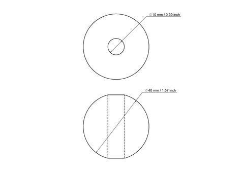 Tehniskais rasējums: 40 mm bērza koka krelle ar 10 mm caurumu