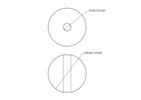 Tehniskais rasējums: 40 mm bērza koka krelle ar 8 mm caurumu