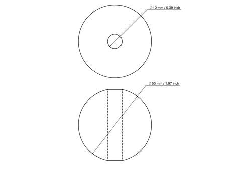 Technical drawing of 50 mm birch wood bead with 10 mm hole