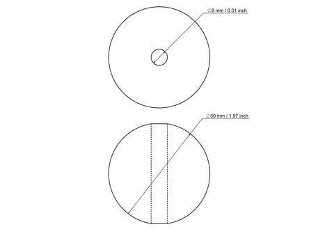 Technical drawing of 50 mm birch wood bead with 8 mm hole
