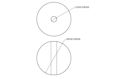 Tehniskais rasējums: 60 mm bērza koka krelle ar 10 mm caurumu