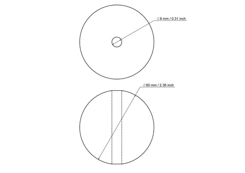 Tehniskais rasējums: 60 mm bērza koka krelle ar 8 mm caurumu
