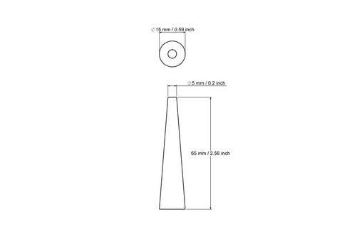 tehniline joonis: 15 x 65 mm treitud puidust koonused