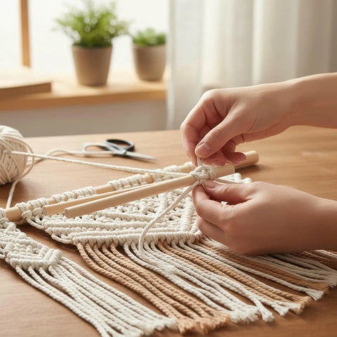 Person crafting a macrame Sein rippuv koos puidust pulgad on a puidust table koos a soft, blurred background.
