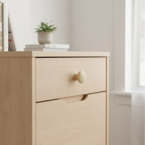 44 mm apvali medinė baldų rankenėlė, sumontuota ant spintelės durelių