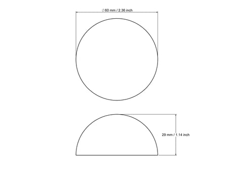 Technical drawing of 60 mm split wooden ball
